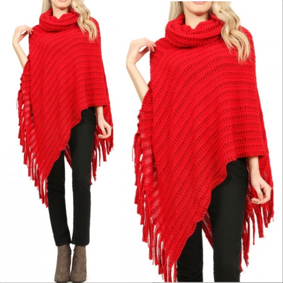 Sweaters - RED KNIT PONCHO * womens sweater fall winter